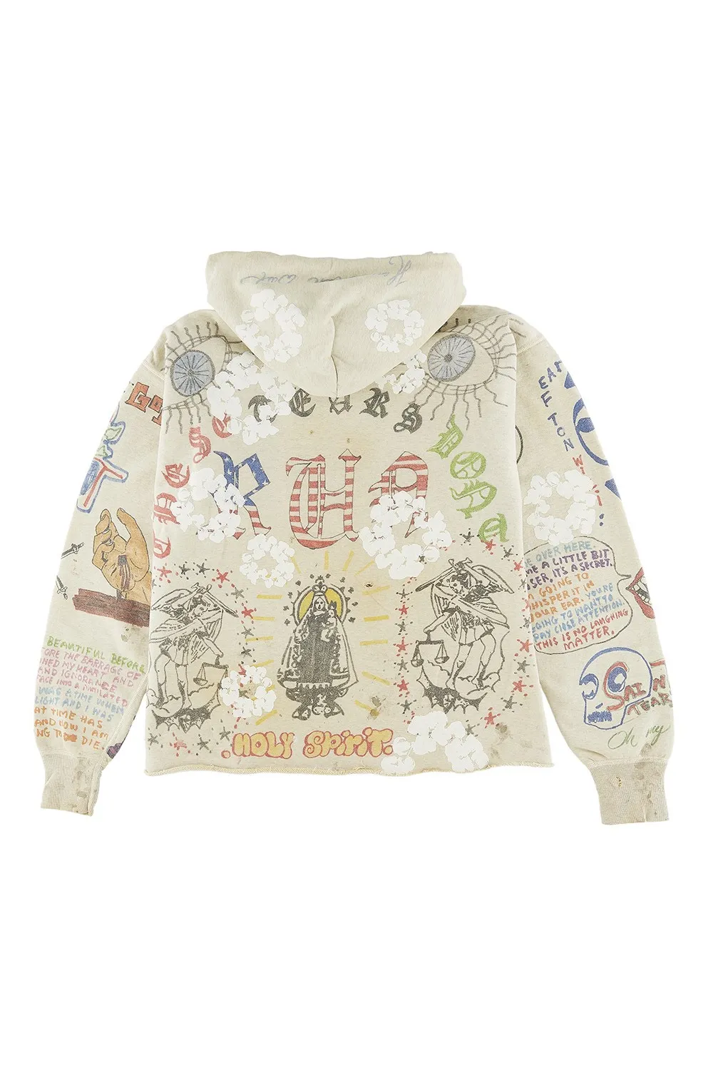 DENIM TEARS × ©SAINT M×××××× "SAINT TEARS" Graffiti Hoodie Joint Model Cotton Graffiti Hoodie Fully Printed Washed Distressed Holes Vintage Sweatshirt Gray S-XL Super Heavy Duty! The whole piece is printed with 35 screens and counterpoint printing!